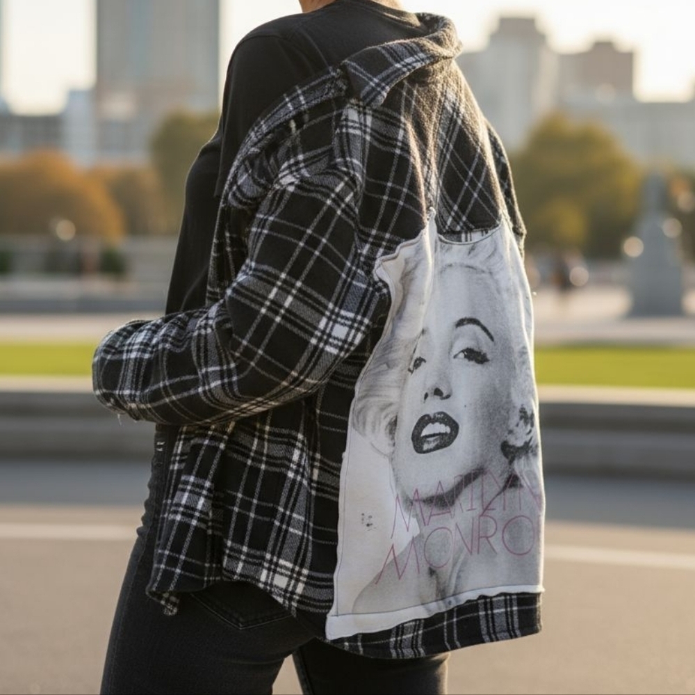 Black Plaid Women's Shacket with Marilyn Monroe Back Panel